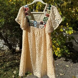 Rutzou Beige Eyelet Cotton and Silk Dress with Colorful Embellishments NWOT